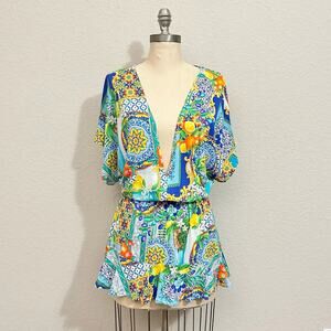 LULI FAMA Amalfi Playera Mini Dress Colorful Floral V-Neck Bohemian